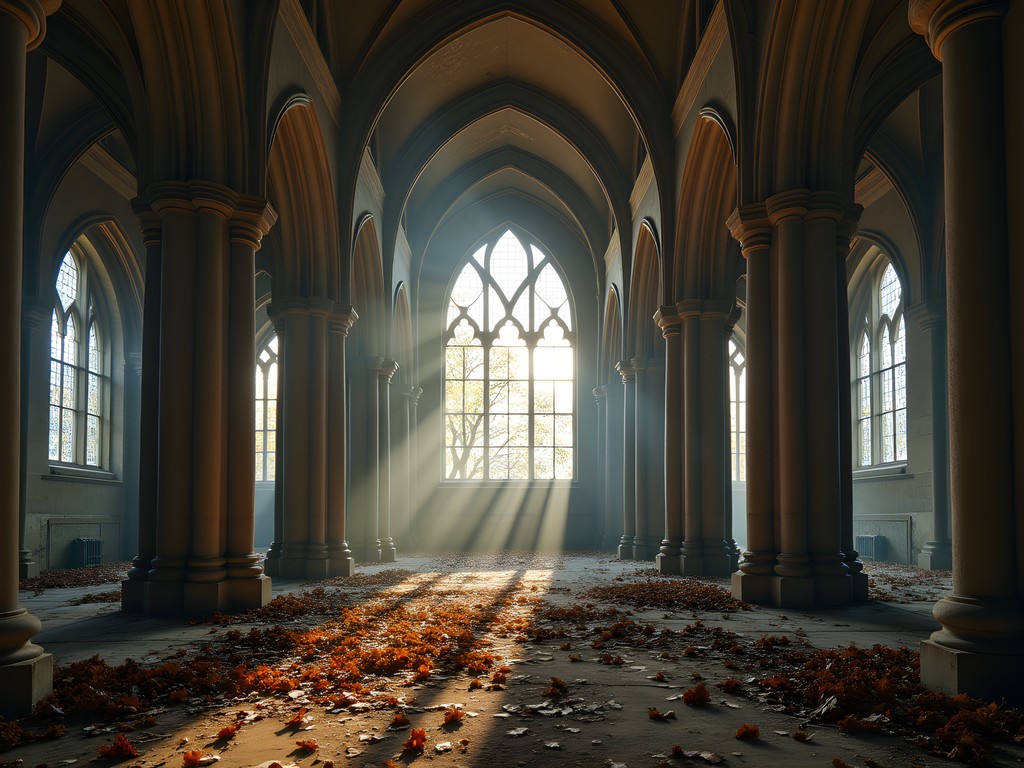 Abandoned City Methodist Church interior with trees growing through floor and light streaming through broken windows