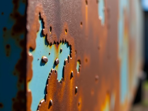 Close-up of rusted industrial machinery with peeling paint and oxidized metal textures