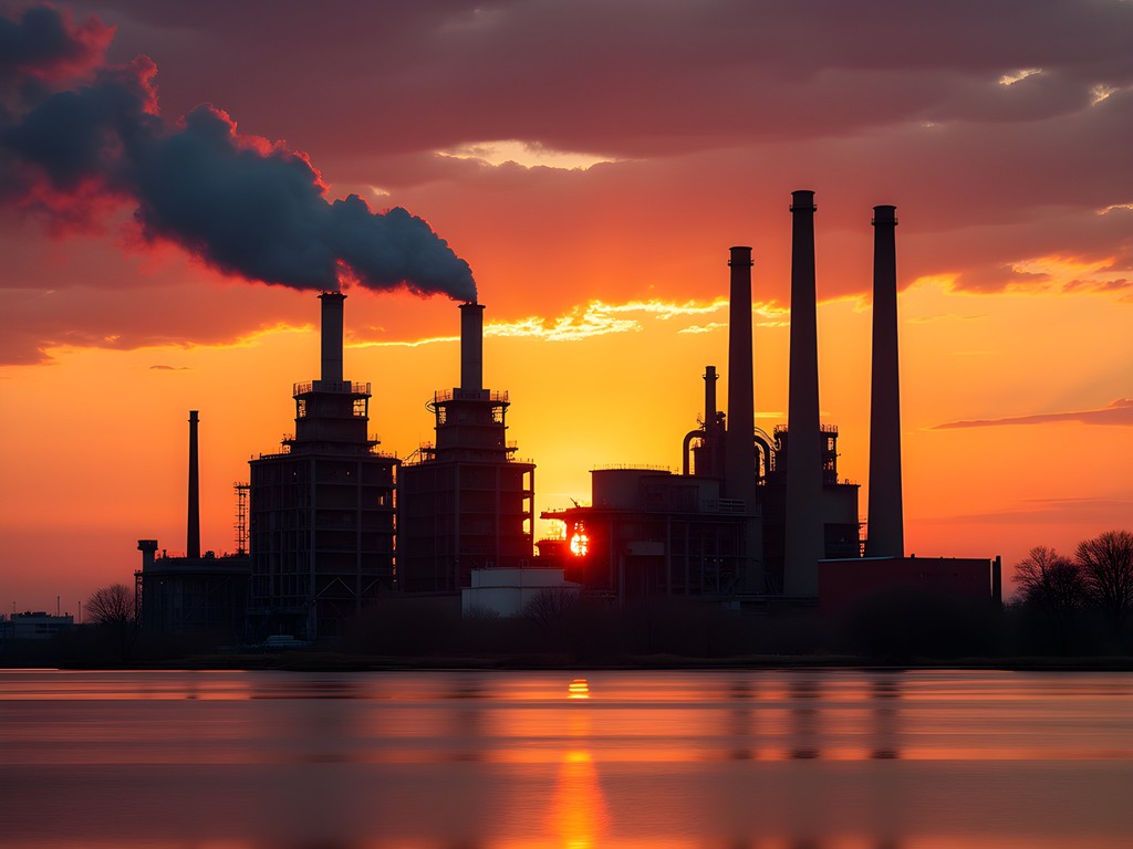 Gary Indiana steel mill silhouette against orange sunset over Lake Michigan