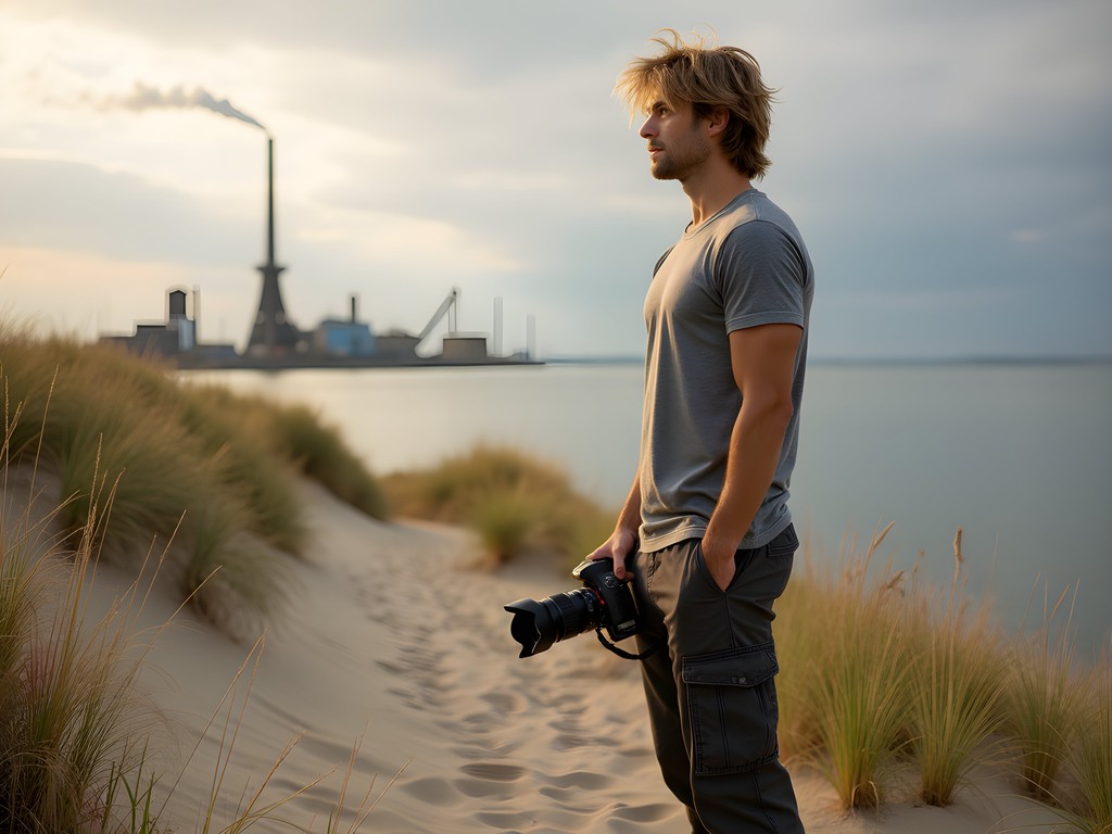 Photographer with camera at Indiana Dunes with Gary steel mills in background
