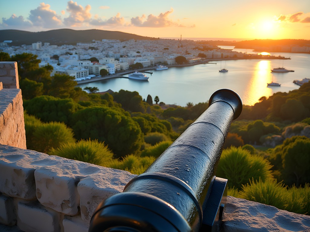 Panoramic view of Hamilton Harbor from Fort Hamilton with historic cannons in foreground