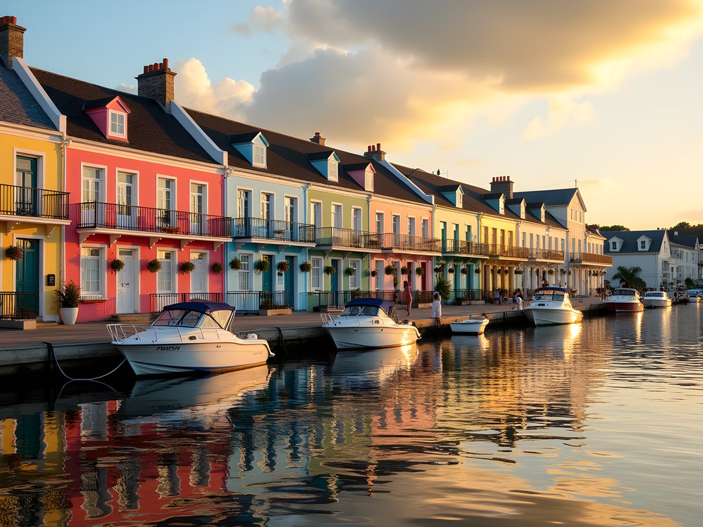 Colorful pastel buildings along Front Street Hamilton Bermuda during golden hour