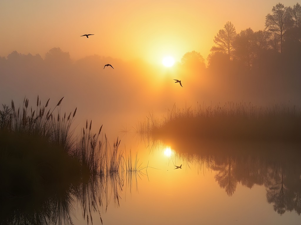 Misty sunrise over Jackson Bottom Wetlands with silhouettes of birds in flight