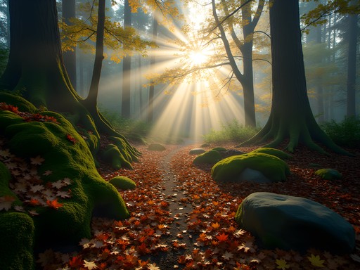 Sunlight filtering through misty forest canopy at Noble Woods Park in fall