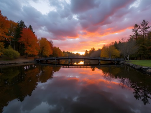 Sunset reflection in pond at Rood Bridge Park with fall foliage and dramatic clouds