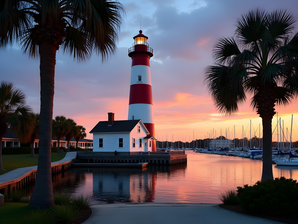 Red and white striped Harbour Town Lighthouse at sunset with sailboats in foreground