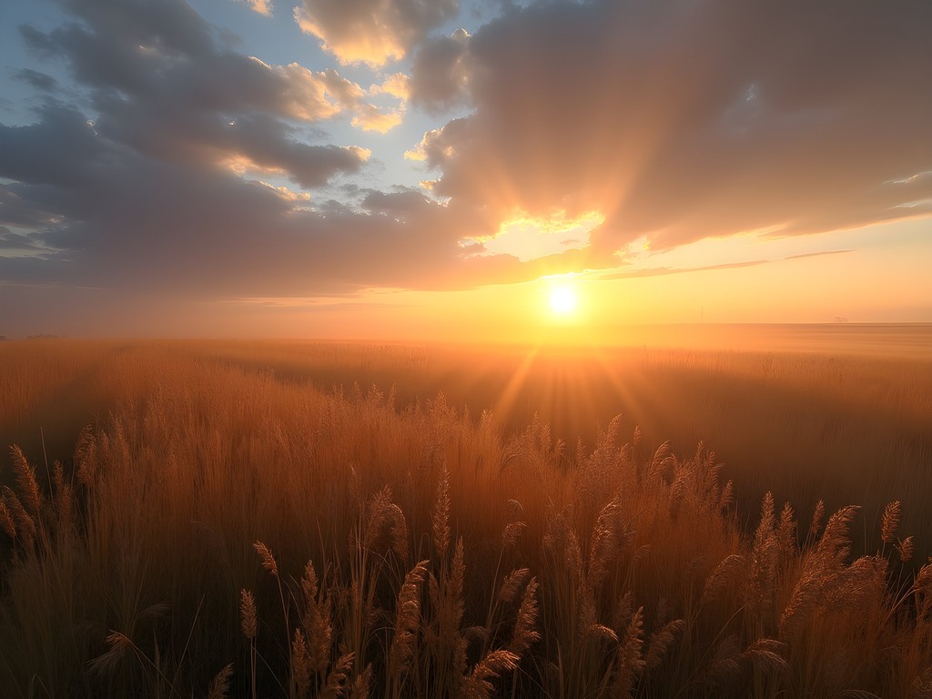 Misty sunrise over prairie grasslands near Huron South Dakota with golden light