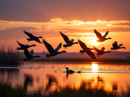 Silhouette of waterfowl taking flight over wetlands at sunrise near Huron South Dakota
