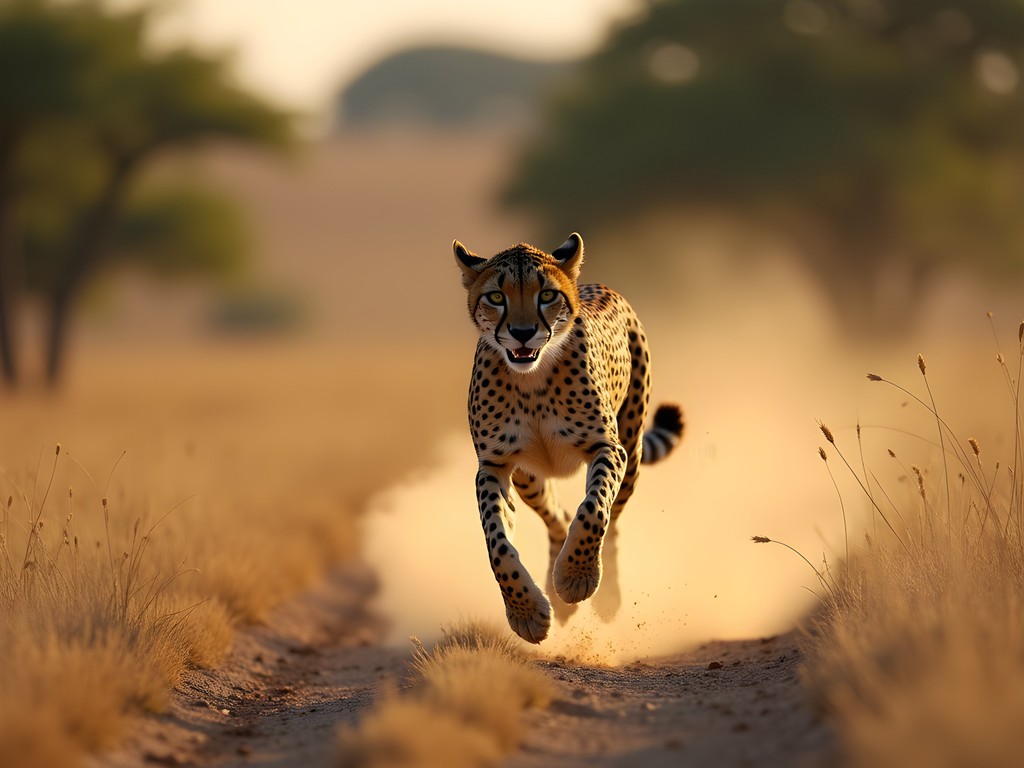 Cheetah sprinting across Hwange savanna captured with perfect technical settings