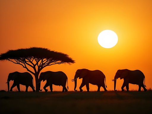 Elephant herd silhouetted against golden sunset at Nyamandhlovu Pan in Hwange