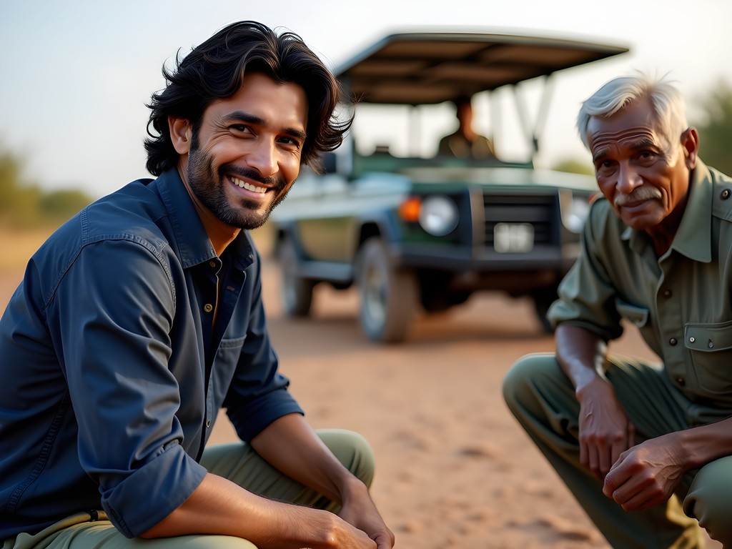 Photographer learning tracking techniques from local guides in Hwange National Park