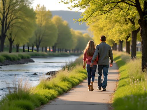 Couple walking along Snake River Greenbelt in Idaho Falls during spring