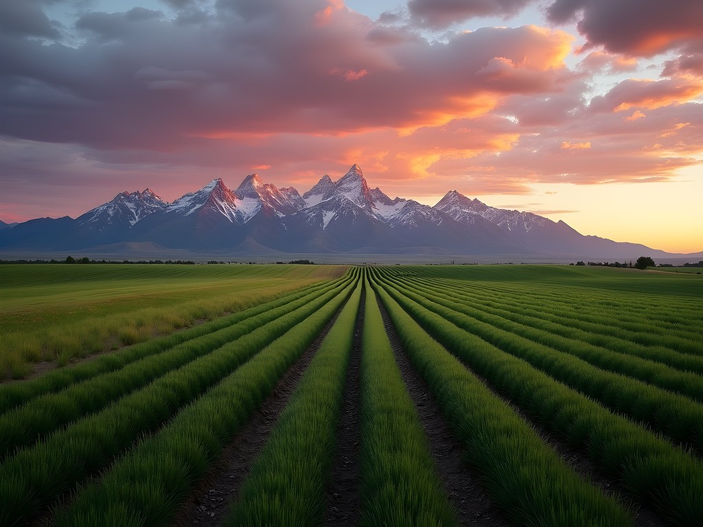 Eastern Idaho agricultural fields at sunrise with Teton Range in distance