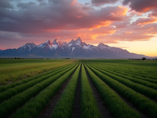 Eastern Idaho agricultural fields at sunrise with Teton Range in distance