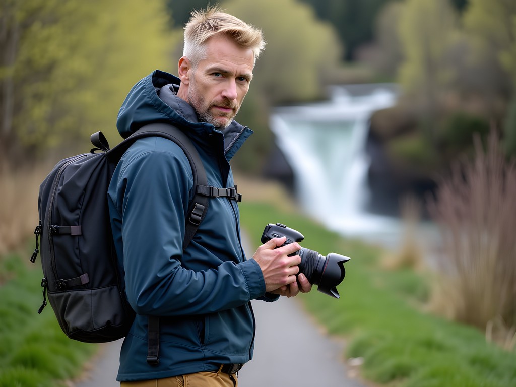Photographer capturing Idaho Falls from greenbelt walking path