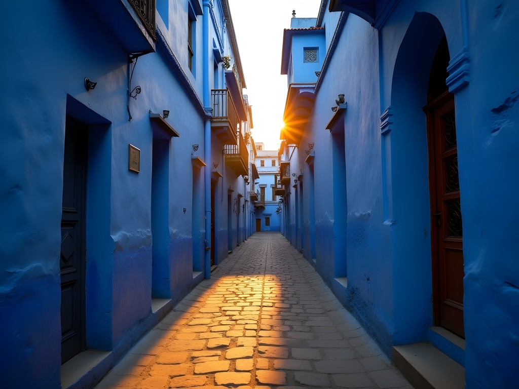 Narrow blue alleyway in Jodhpur bathed in golden hour light