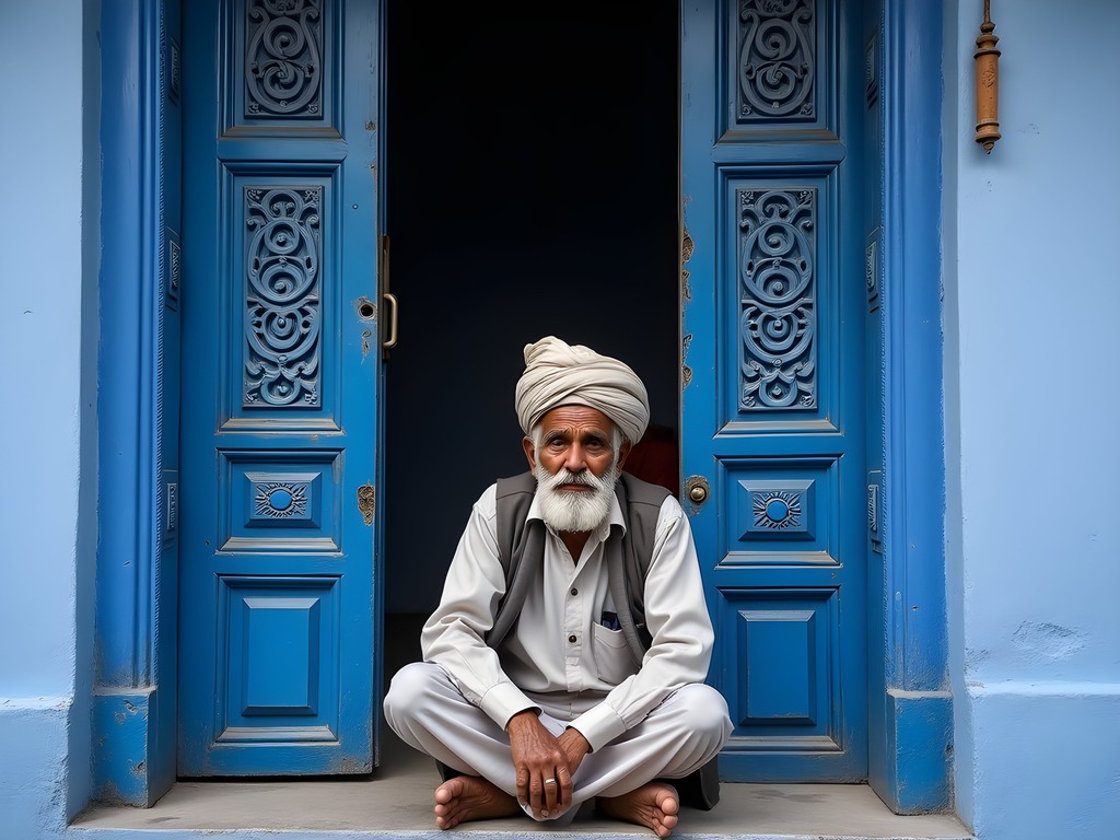 Elderly Rajasthani man sitting in ornate blue doorway in Jodhpur