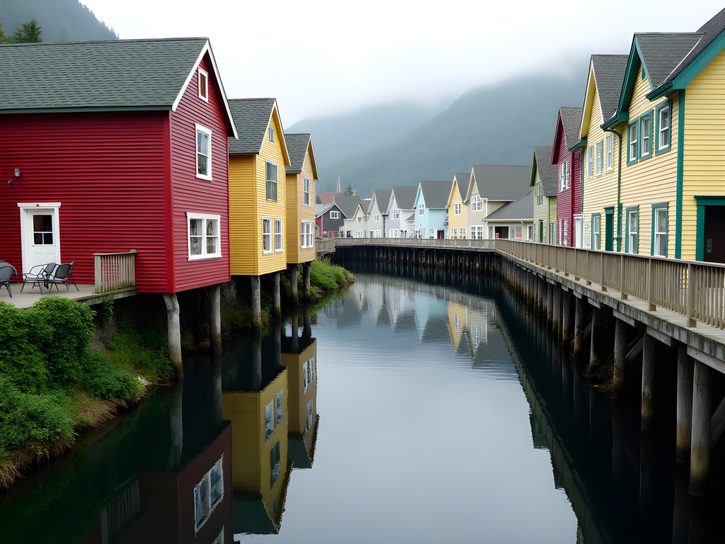 Historic colorful buildings of Creek Street reflected in Ketchikan Creek in downtown Ketchikan Alaska