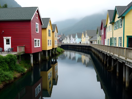 Historic colorful buildings of Creek Street reflected in Ketchikan Creek in downtown Ketchikan Alaska