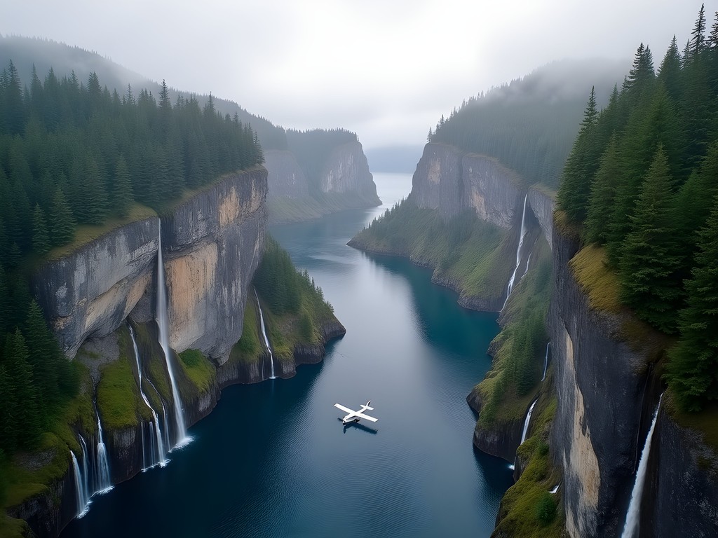 Aerial view of dramatic granite cliffs and waterfalls in Misty Fjords National Monument Alaska
