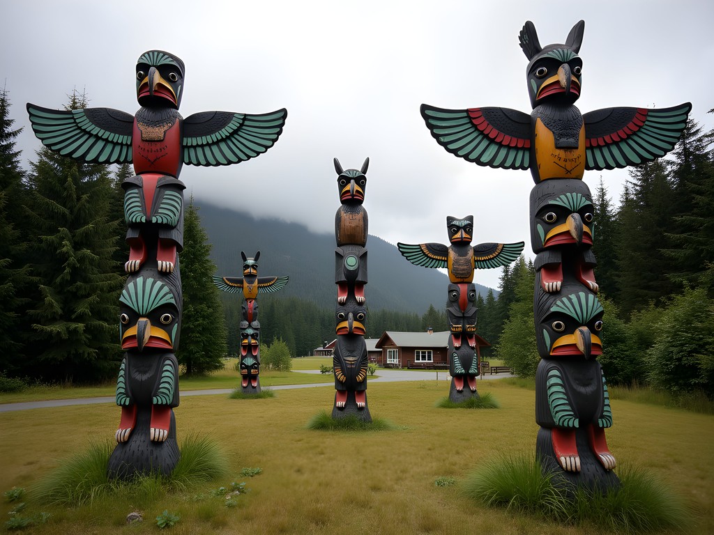 Collection of traditional totem poles at Saxman Native Village in Ketchikan Alaska with forest backdrop