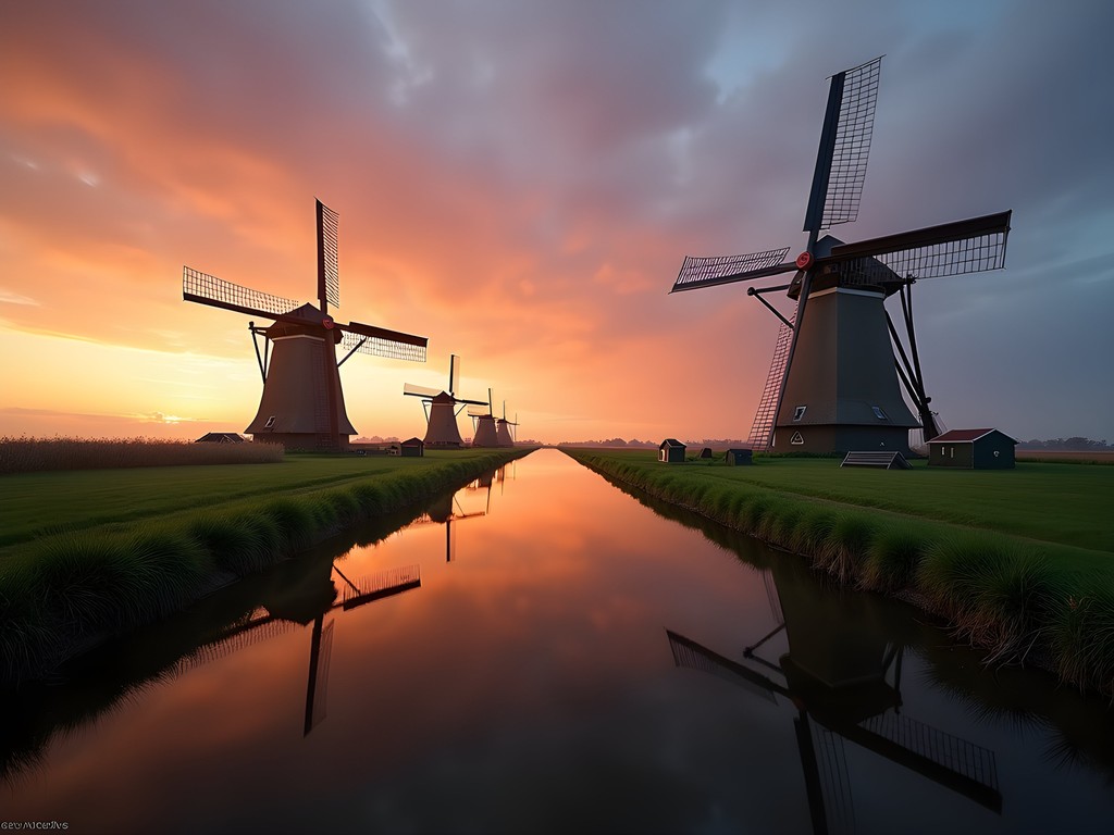 Golden hour reflection of historic Dutch windmills at Kinderdijk with perfect symmetry in canal waters