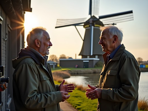 Female travel photographer interviewing local Dutch windmill operator at Kinderdijk with historic windmill in background