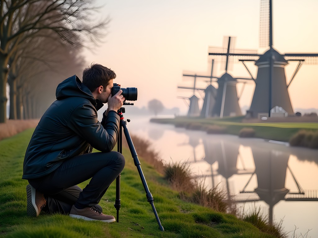 Female photographer capturing Dutch windmills at Kinderdijk from unique low angle with camera