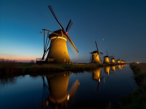 Photographer capturing illuminated windmills at Kinderdijk at night with tripod and camera