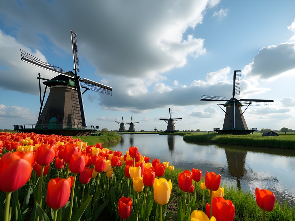 Historic Dutch windmills at Kinderdijk in spring with colorful tulips in foreground and dramatic clouds