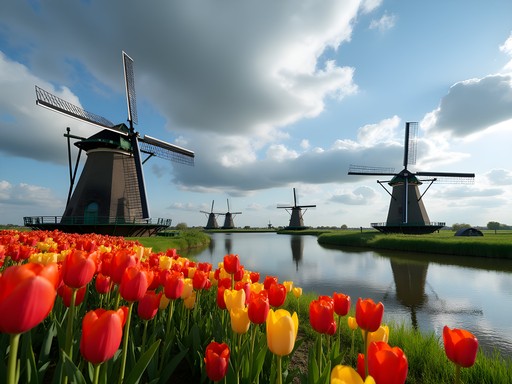 Historic Dutch windmills at Kinderdijk in spring with colorful tulips in foreground and dramatic clouds