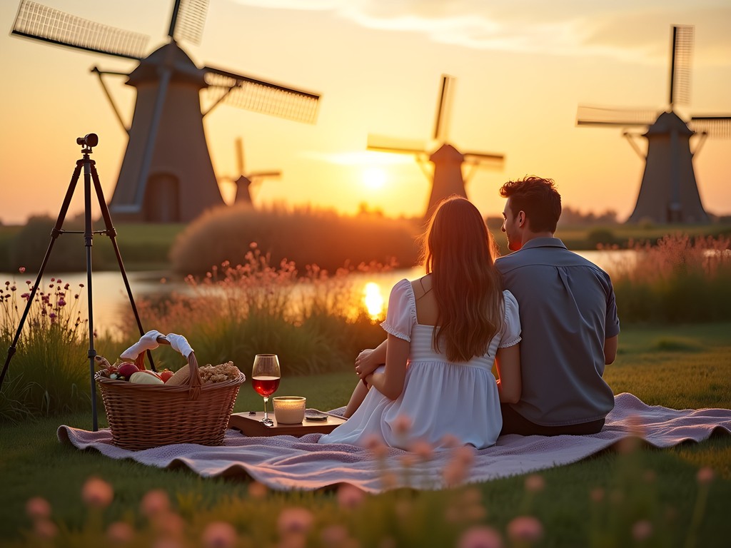 Romantic picnic setup with photography equipment and couple enjoying sunset by windmills