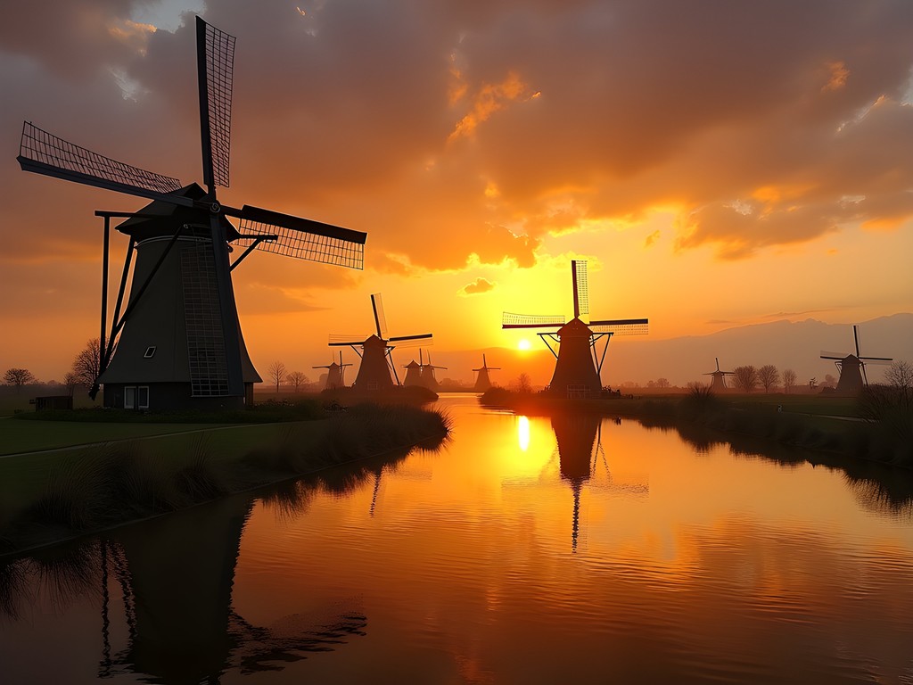 Dramatic silhouettes of Kinderdijk windmills against golden sunset sky with reflections