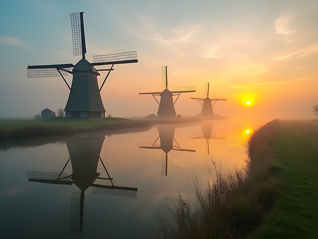 Misty sunrise over Kinderdijk windmills with reflections in still water
