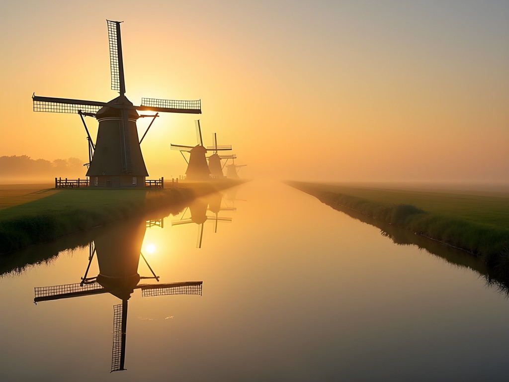 Perfect reflection of windmill in still canal water with composition using rule of thirds
