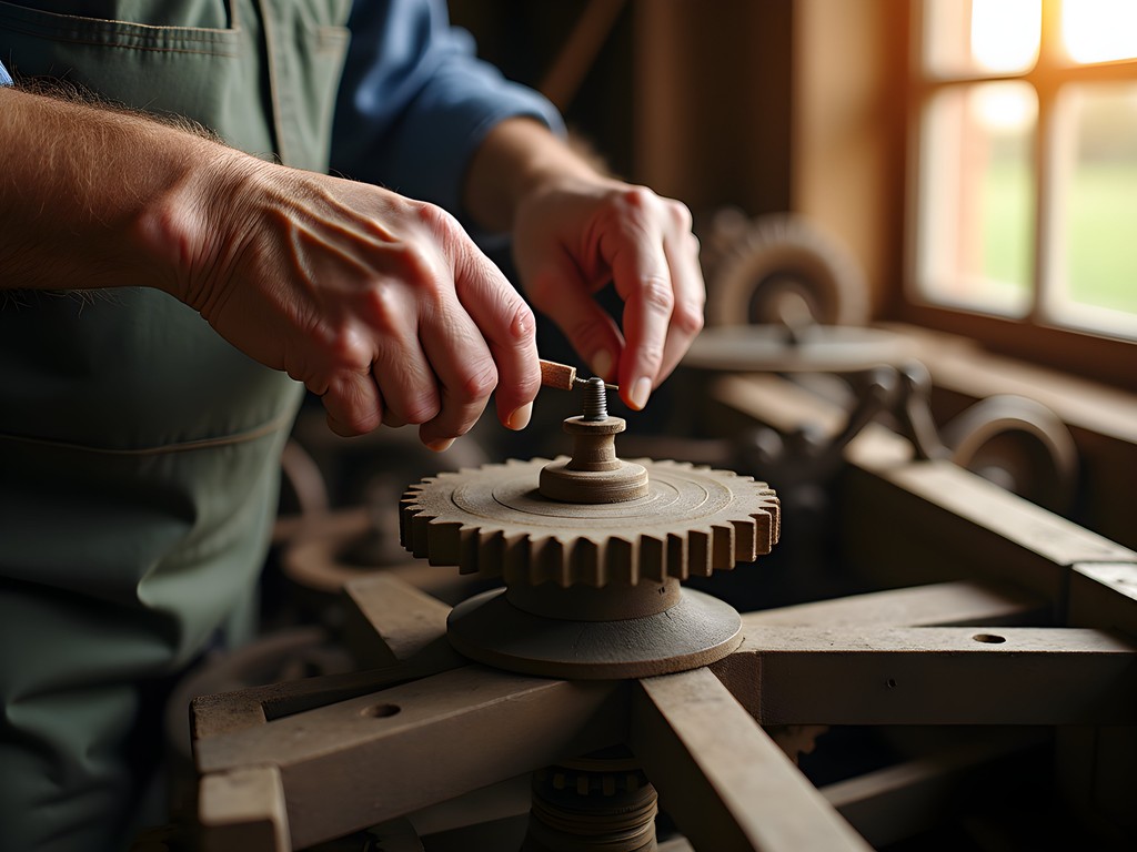 Close-up of weathered hands of windmill craftsman working on wooden mechanism