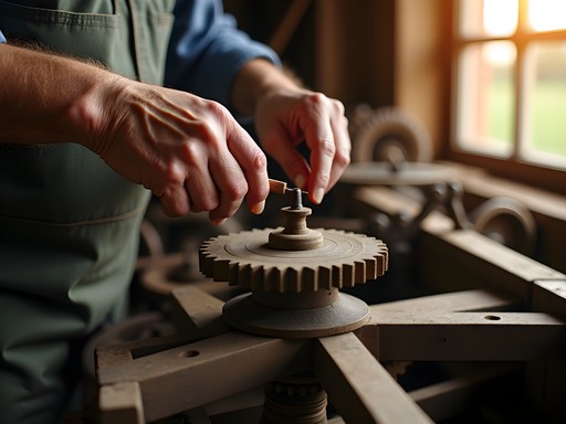 Close-up of weathered hands of windmill craftsman working on wooden mechanism