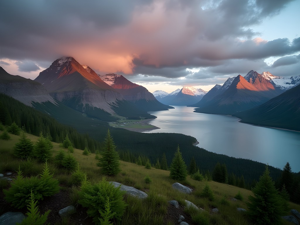 Traditional Alutiiq territory landscape with mountains and coastline
