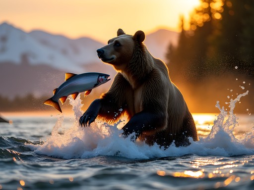 Kodiak brown bear catching salmon at Frazer Lake