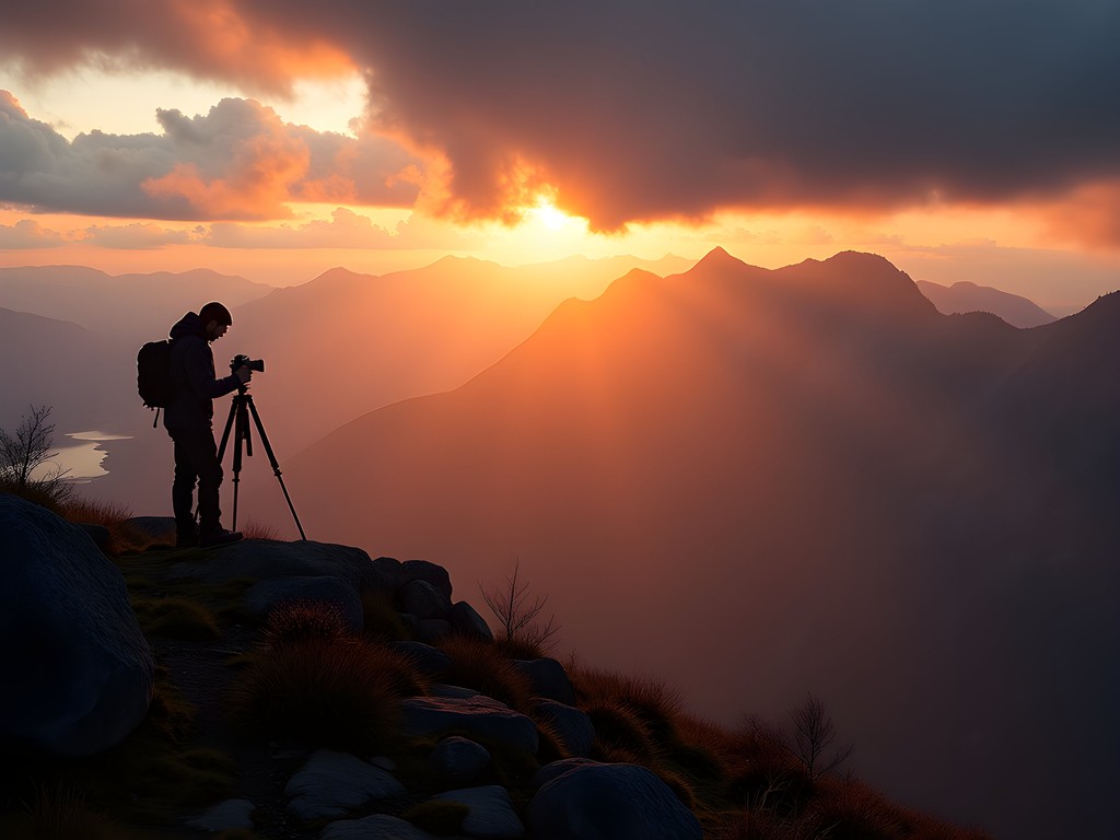 Dramatic mountain landscape on Kodiak Island with photographer silhouette