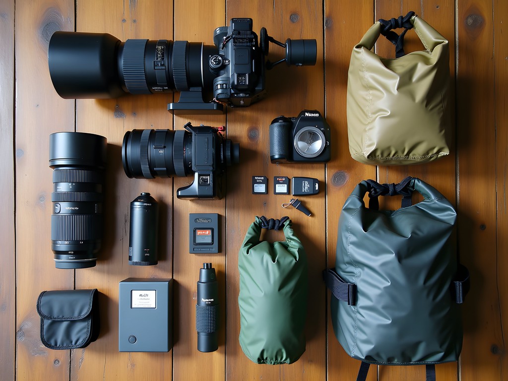 Photography gear laid out for Kodiak bear photography trip