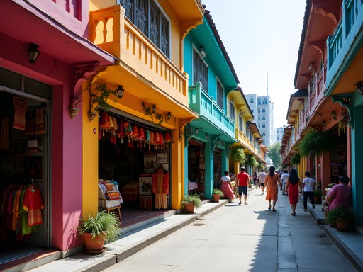 Vibrant colorful buildings and street life in Brickfields Little India, Kuala Lumpur
