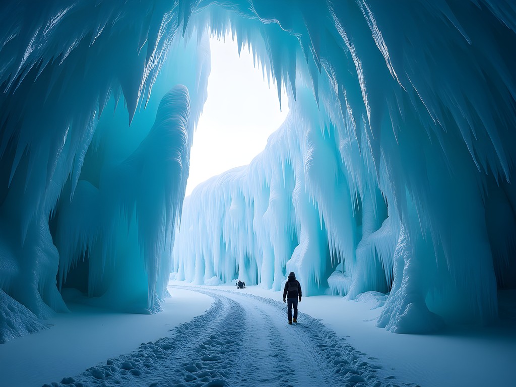 Photographer capturing ethereal blue ice caves at Lake Baikal in winter