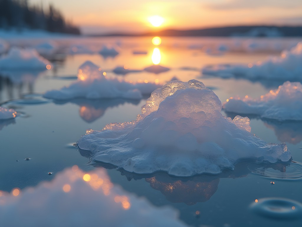 Frozen methane bubbles in transparent Lake Baikal ice at sunrise