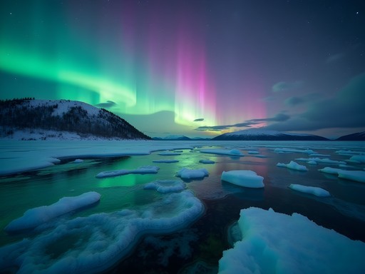 Northern lights dancing over frozen methane bubbles in Lake Baikal ice