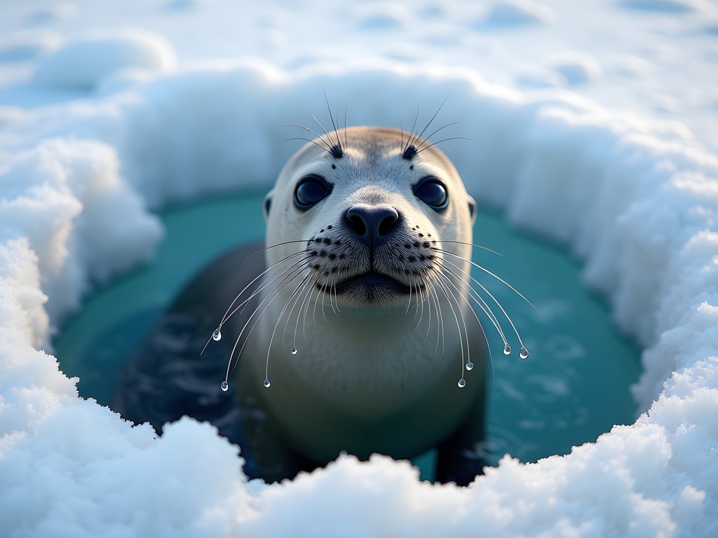 Rare Baikal seal (nerpa) emerging from breathing hole in Lake Baikal ice