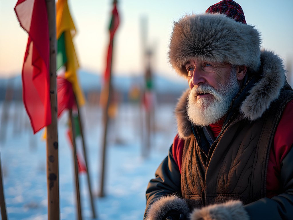 Buryat shaman performing traditional ceremony near sacred poles on snow-covered Olkhon Island