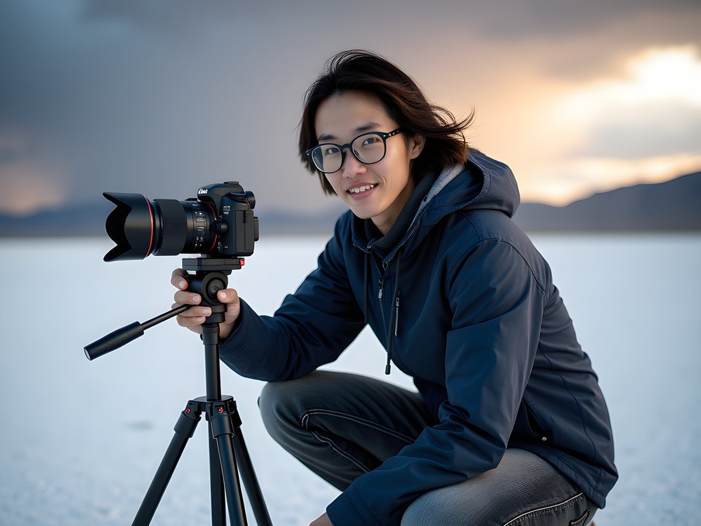 British-Chinese photographer capturing long exposure images at Great Salt Lake near Layton Utah