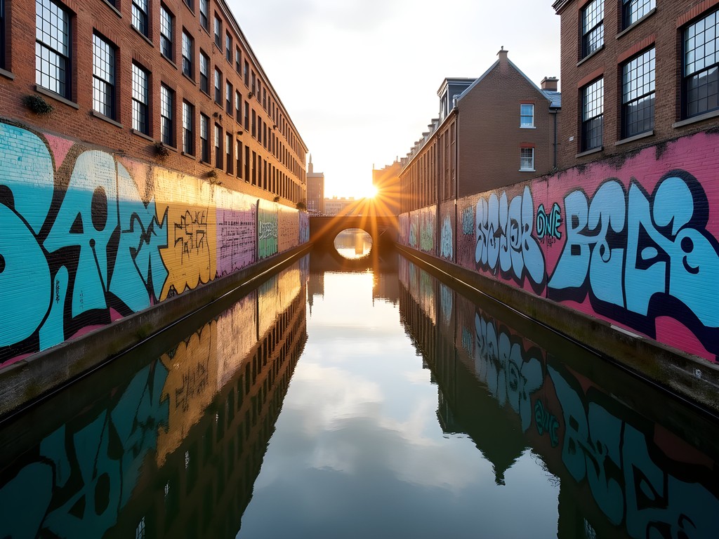Colorful street art murals reflecting in Hackney Wick canal at golden hour