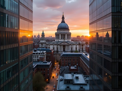 St. Paul's Cathedral framed by modern glass architecture at sunset from One New Change rooftop